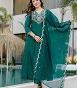 Green chinon heavy thread embroidery work kurta pant set