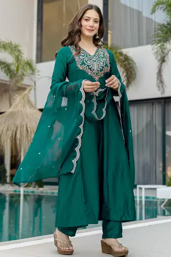 Green chinon heavy thread embroidery work kurta pant set