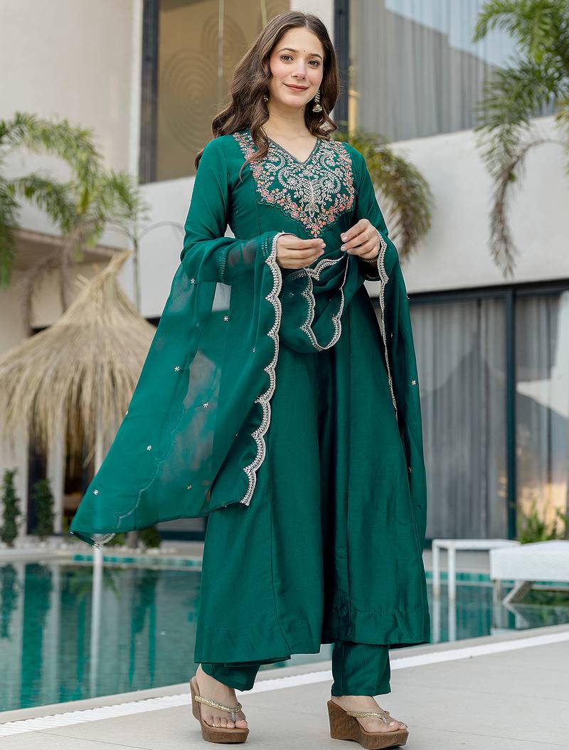Green chinon heavy thread embroidery work kurta pant set