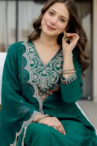 Green chinon heavy thread embroidery work kurta pant set