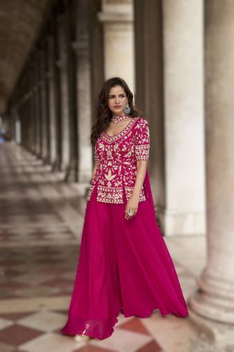 Pink organza silk embroidered palazzo suit set
