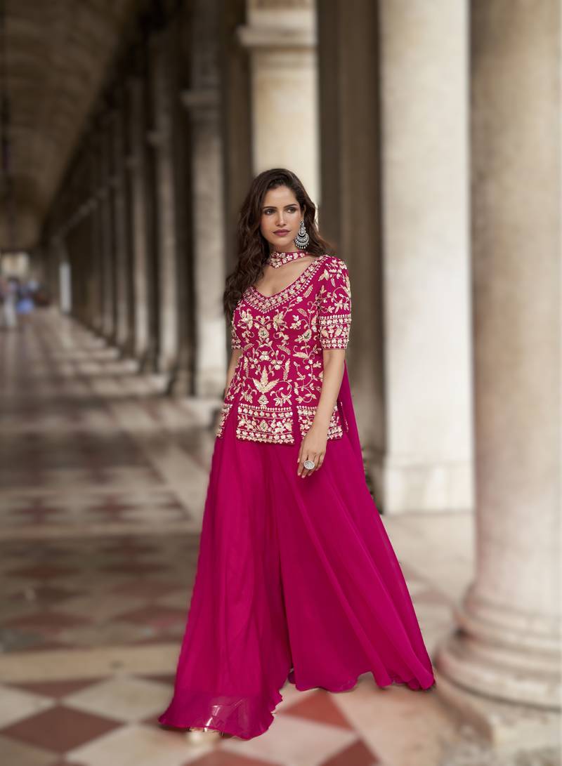 Pink organza silk embroidered palazzo suit set