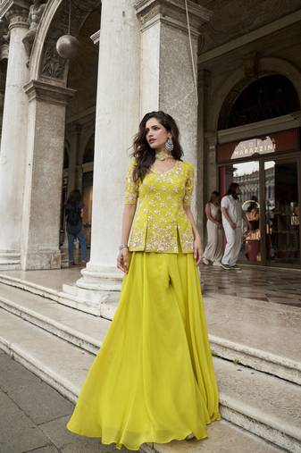Yellow organza silk embroidered palazzo suit set