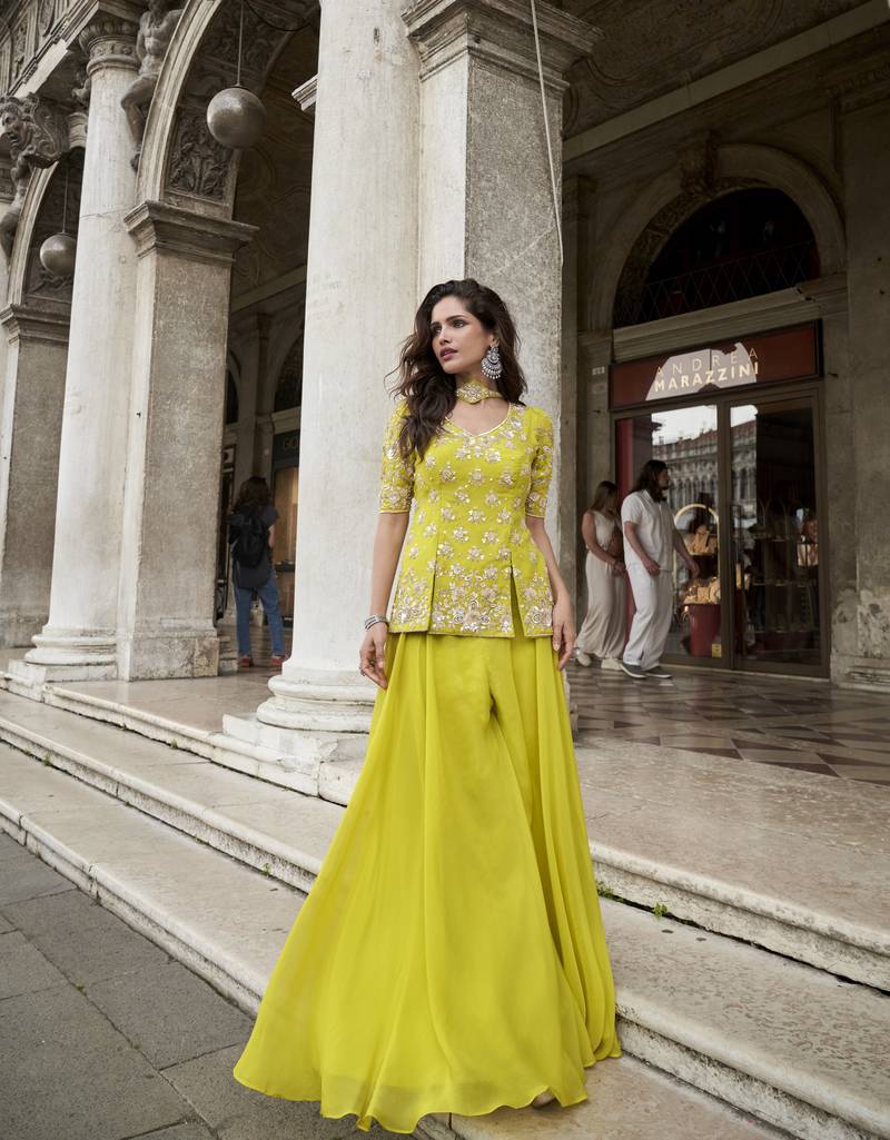Yellow organza silk embroidered palazzo suit set