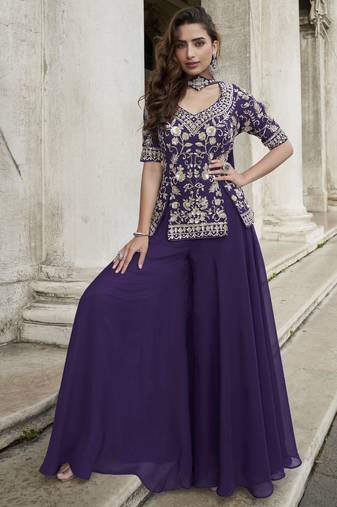 Pruple organza silk embroidered palazzo suit set