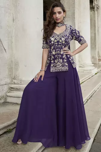 Pruple organza silk embroidered palazzo suit set