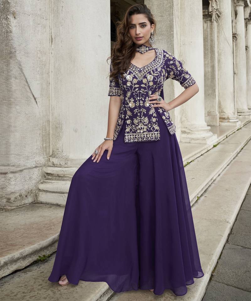 Pruple organza silk embroidered palazzo suit set
