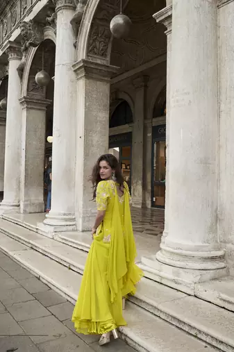 yellow organza silk embroidered palazzo suit set