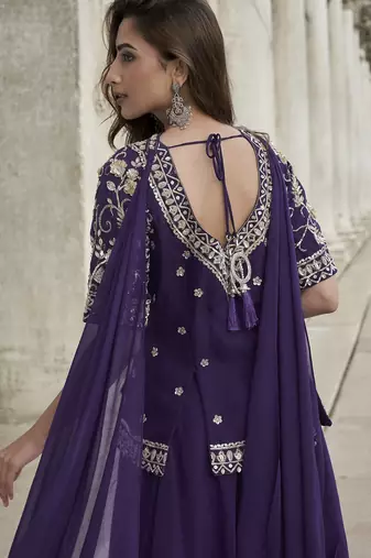 pruple organza silk embroidered palazzo suit set