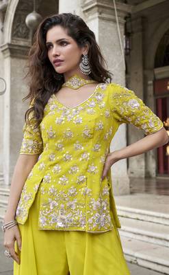 yellow organza silk embroidered palazzo suit set 3