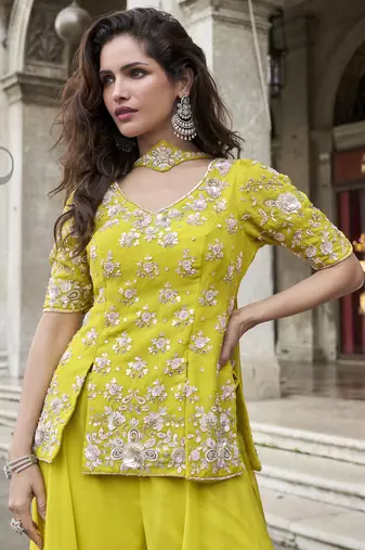 yellow organza silk embroidered palazzo suit set