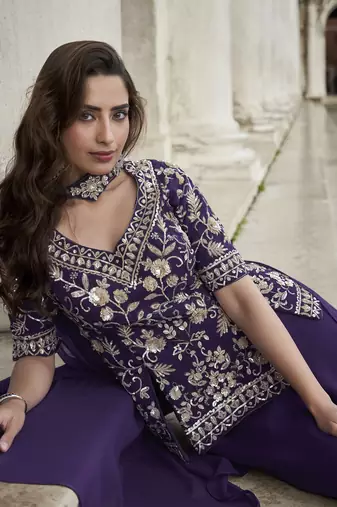 pruple organza silk embroidered palazzo suit set