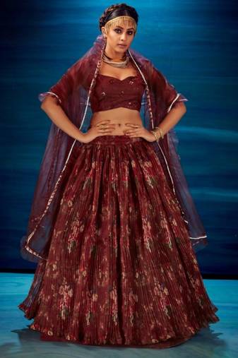 maroon organza lehenga set with choli and dupatta 