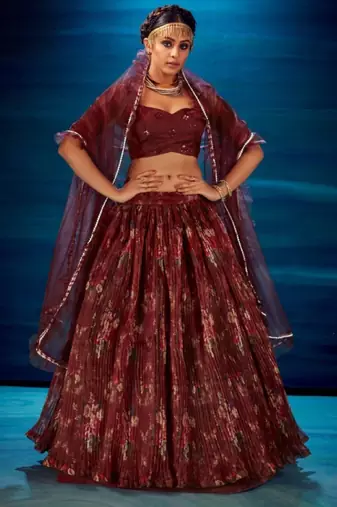 maroon organza lehenga set with choli and dupatta 