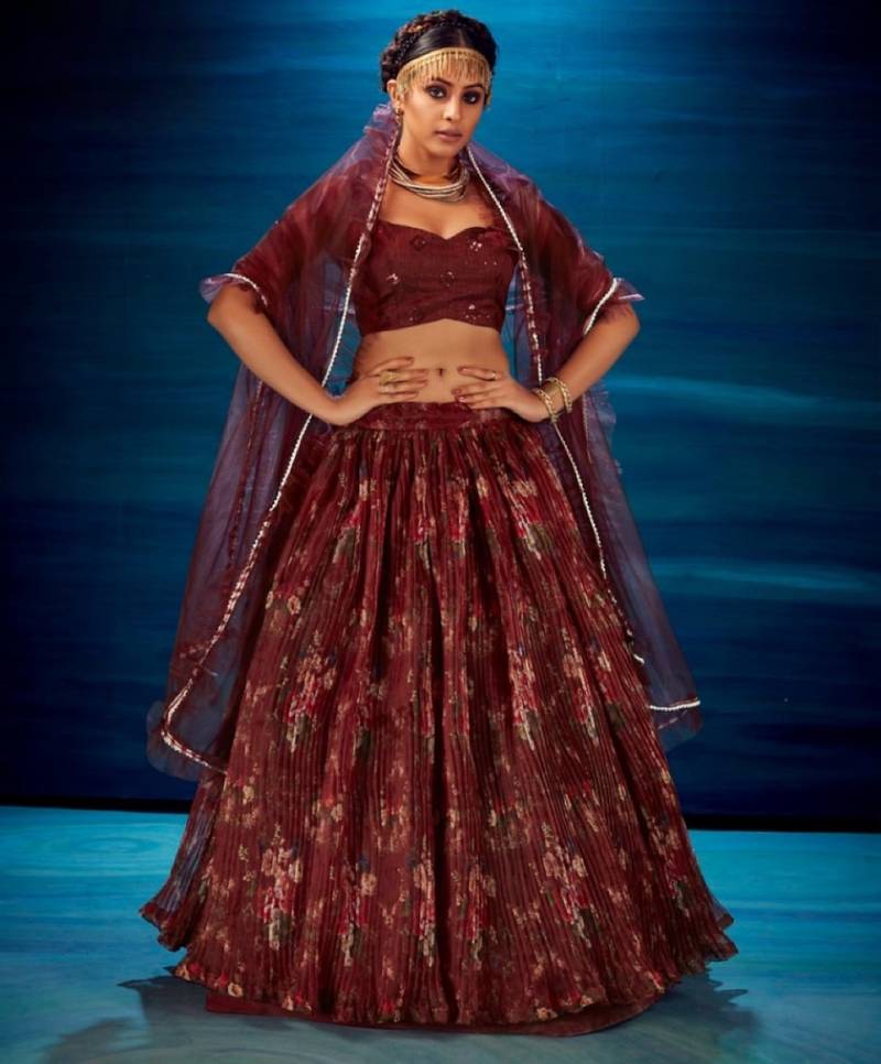 maroon organza lehenga set with choli and dupatta 