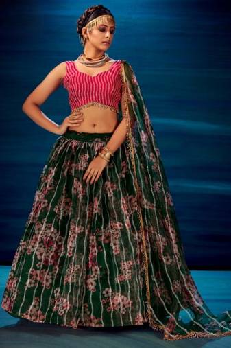 dark-green organza lehenga set with choli and dupatta 