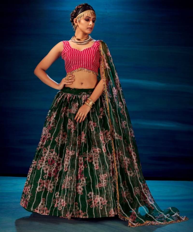 dark-green organza lehenga set with choli and dupatta 