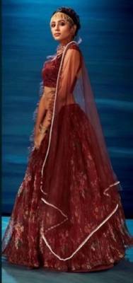 maroon organza lehenga set with choli and dupatta  3