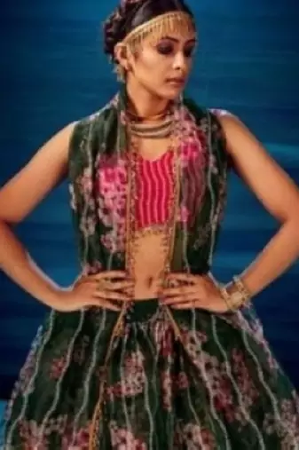 dark-green organza lehenga set with choli and dupatta 