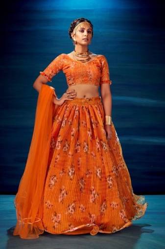 orange organza lehenga set with choli and dupatta 
