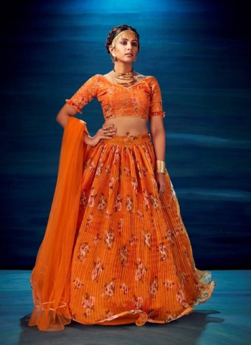 orange organza lehenga set with choli and dupatta 
