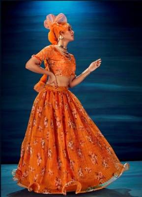 orange organza lehenga set with choli and dupatta  2