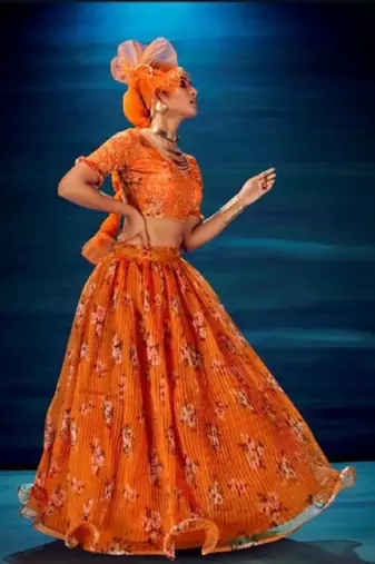 orange organza lehenga set with choli and dupatta 