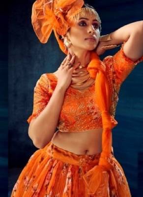 orange organza lehenga set with choli and dupatta  3