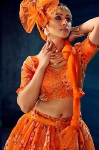 orange organza lehenga set with choli and dupatta 
