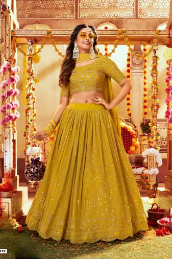 Yellow georgette semi stitched lehenga choli with sequence & thread work