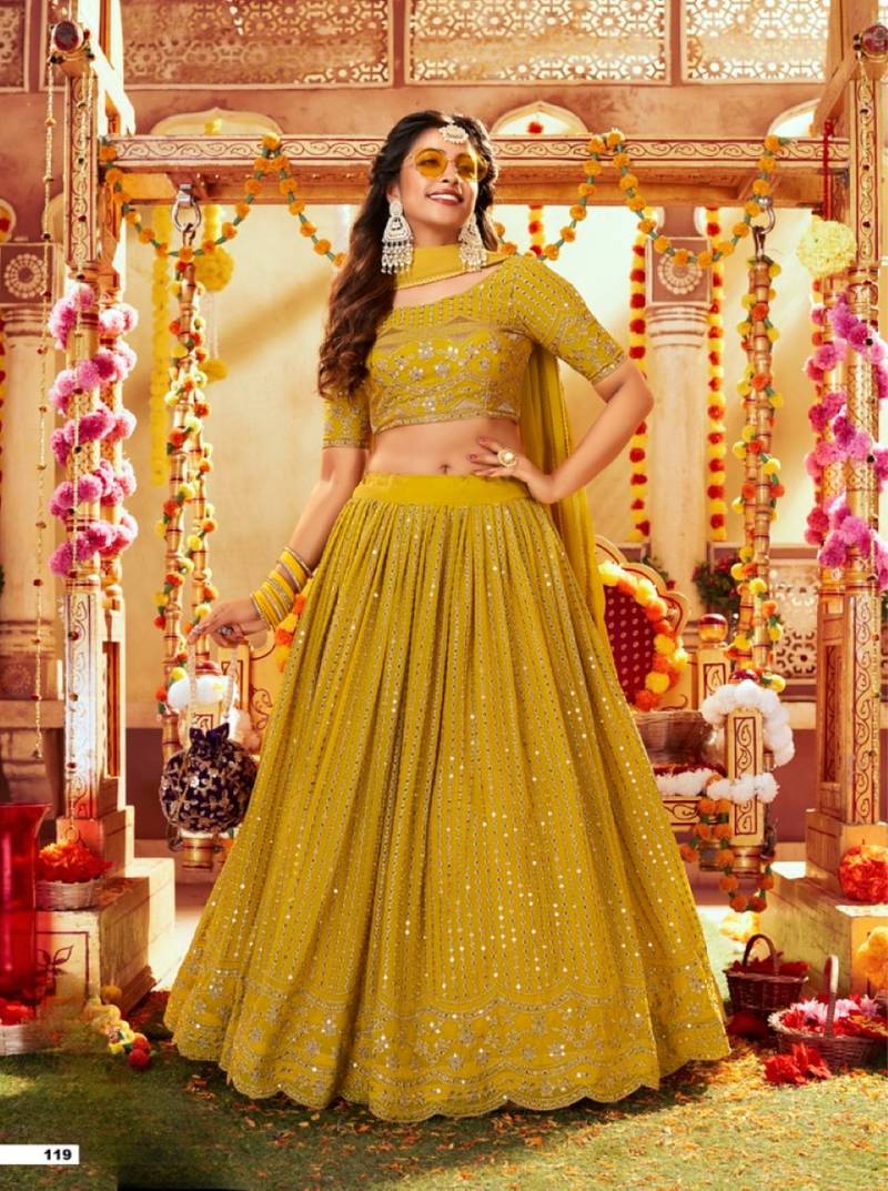 Yellow georgette semi stitched lehenga choli with sequence & thread work