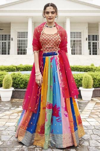 multicolor georgette lehenga set with choli and dupatta 