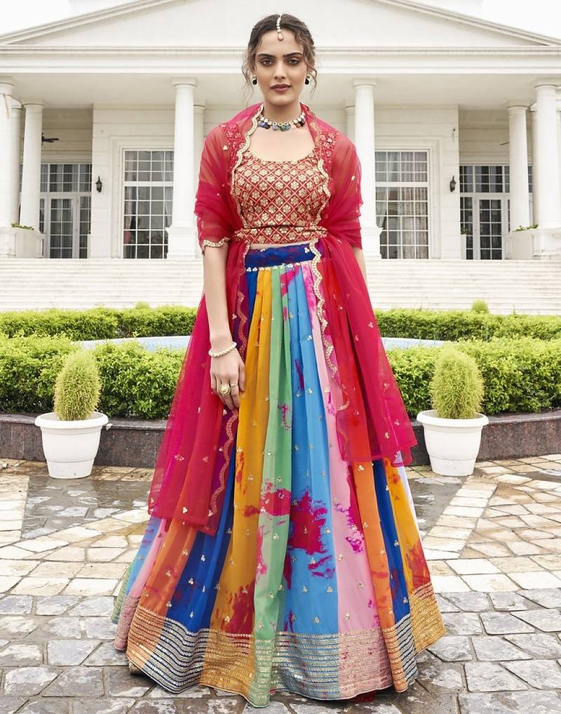 multicolor georgette lehenga set with choli and dupatta 
