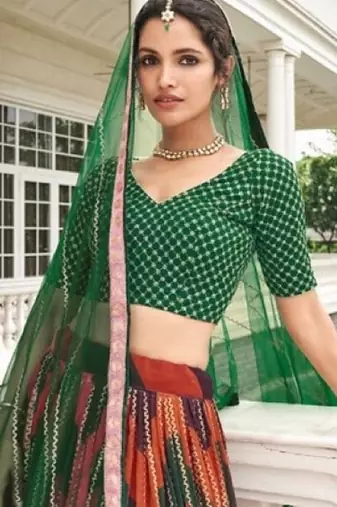 Multicolor georgette semi stitched lehenga choli with sequence & thread work