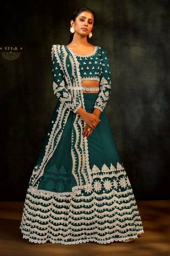 teal-blue net lehenga set with choli and dupatta 