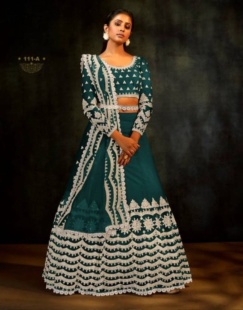 teal-blue net lehenga set with choli and dupatta 