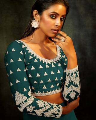 teal-blue net lehenga set with choli and dupatta  2