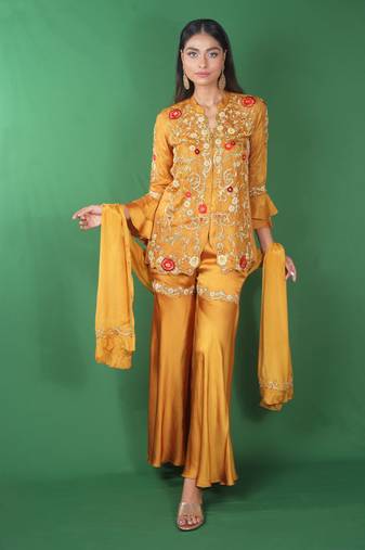 Yellow embroidered satin kurta set