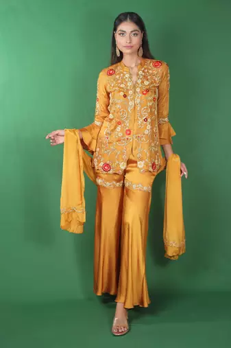 Yellow embroidered satin kurta set