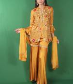 Yellow embroidered satin kurta set