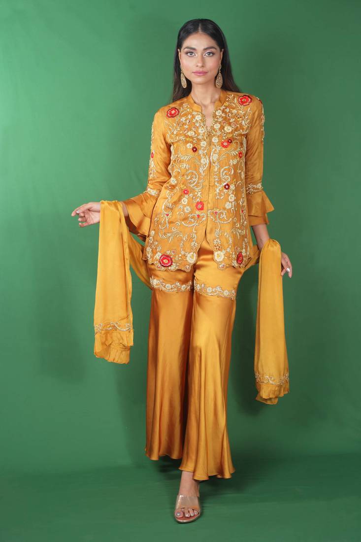 Yellow embroidered satin kurta set