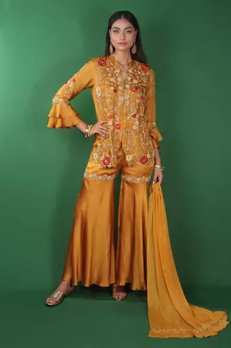 Yellow embroidered satin kurta set