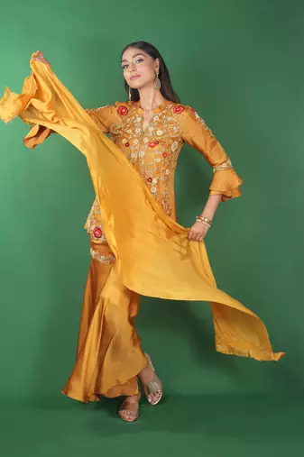 Yellow embroidered satin kurta set