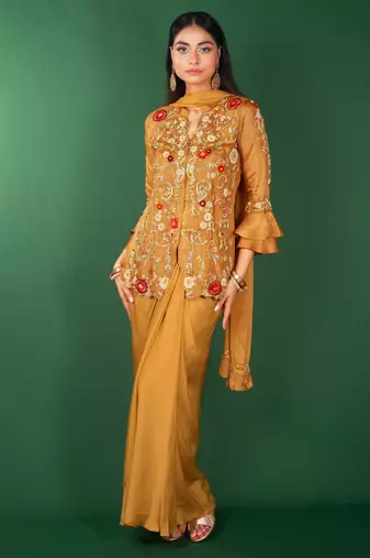 Yellow embroidered satin kurta set