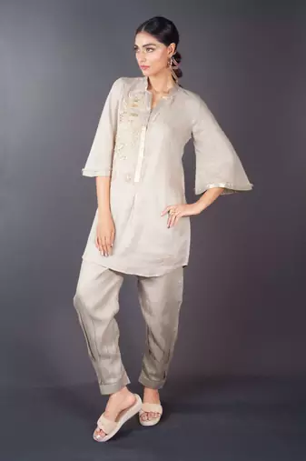Beige embroidered linen kurta set