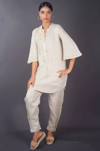 Beige embroidered linen kurta set