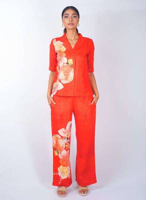 Red printed linen co ord set 1