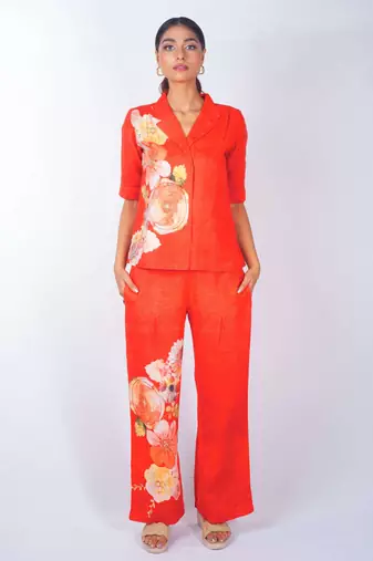Red printed linen co ord set