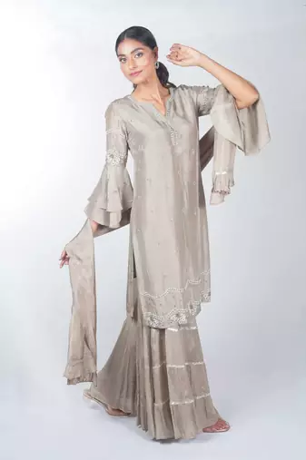 Beige embroidered silk sharara set