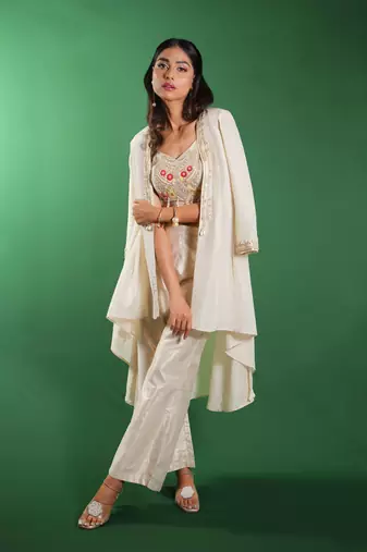 Beige embroidered linen co ord set